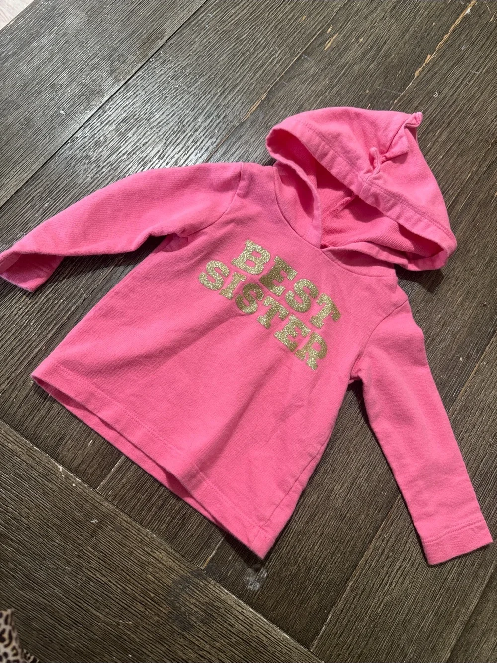 Best Sister Pink Hooded Long Sleeve Shirt Gold Glitter Graphic Toddler Girls